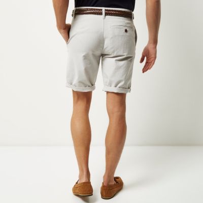 Grey slim fit belted Oxford shorts